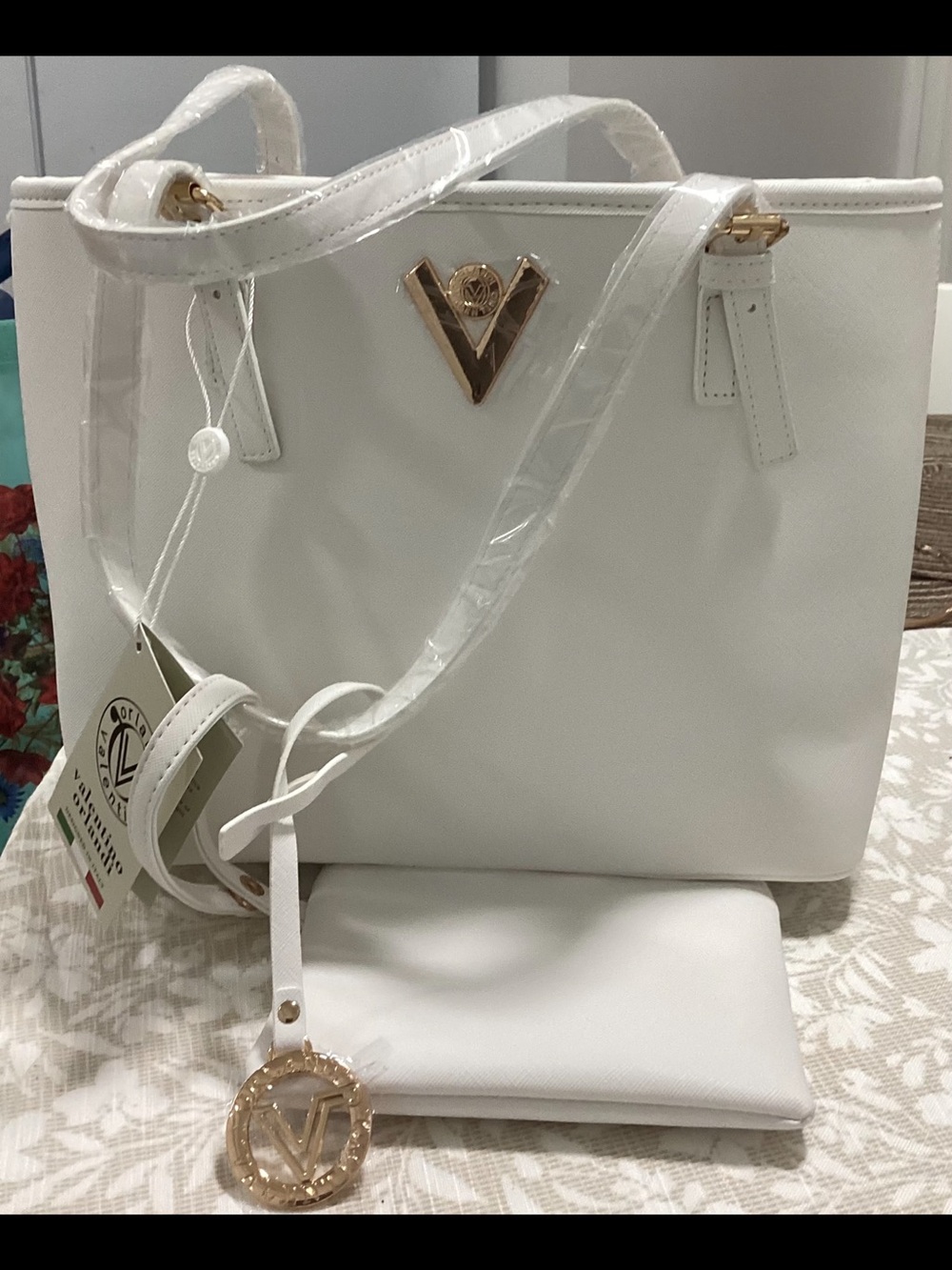 Valentino Orlandi White Vegan Leather Tote Bag with Gold Accent